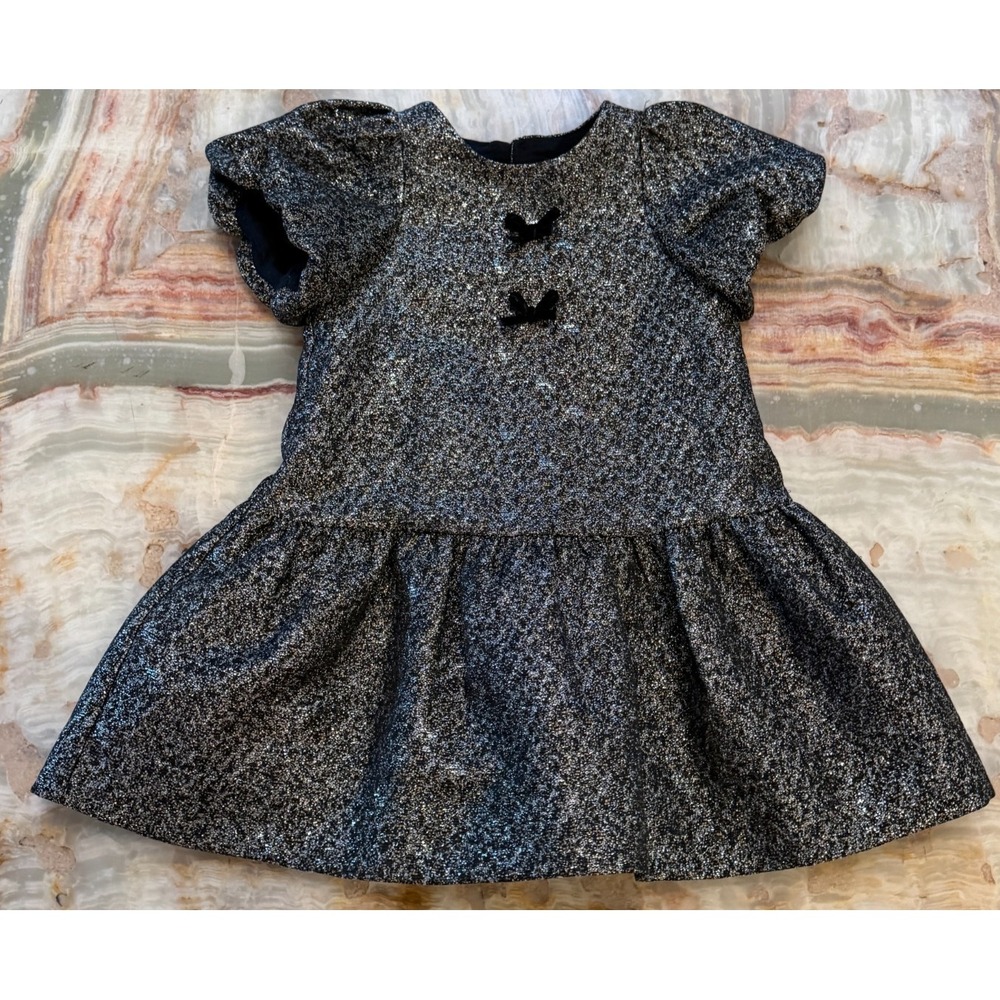 Zara Kids Velvet Bow Dress Golden Sparkly Ruffle Applique Elastic Cuffs Size 2T